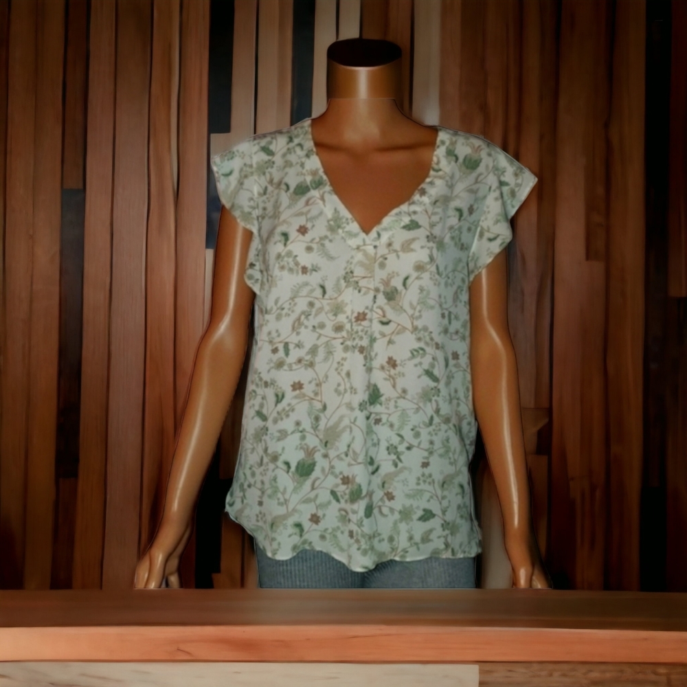 Rose & Olive Green Floral V-Neck Flutter Sleeve Blouse
